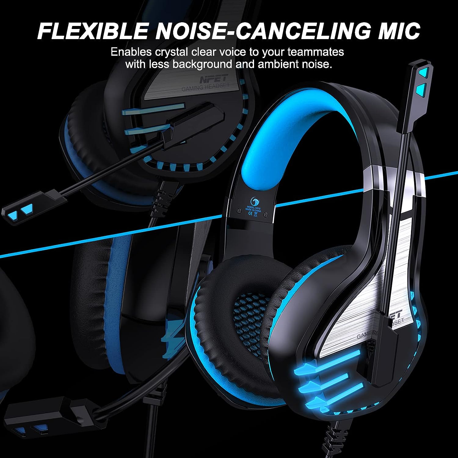 NPET HS10 Stereo Gaming Headset for PS4 PC Xbox One PS5 Controller, Noise Cancelling Over Ear Headphones with Mic, Bass Surround, Soft Memory Earmuffs for Laptop Mac Nintendo NES Games Blue