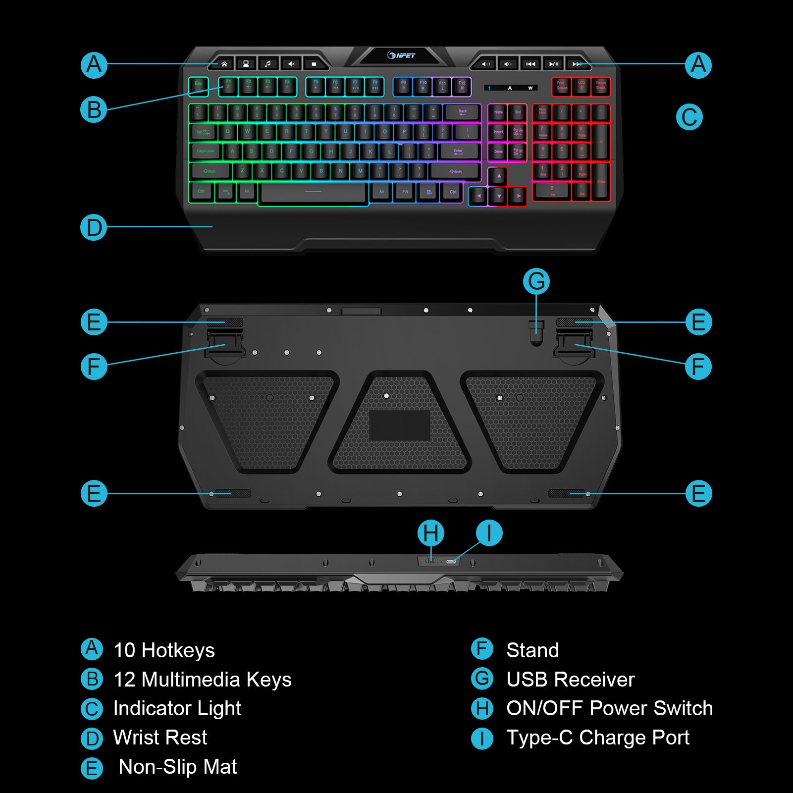 NPET K32 Wireless Gaming Keyboard with Wrist Rest, Black