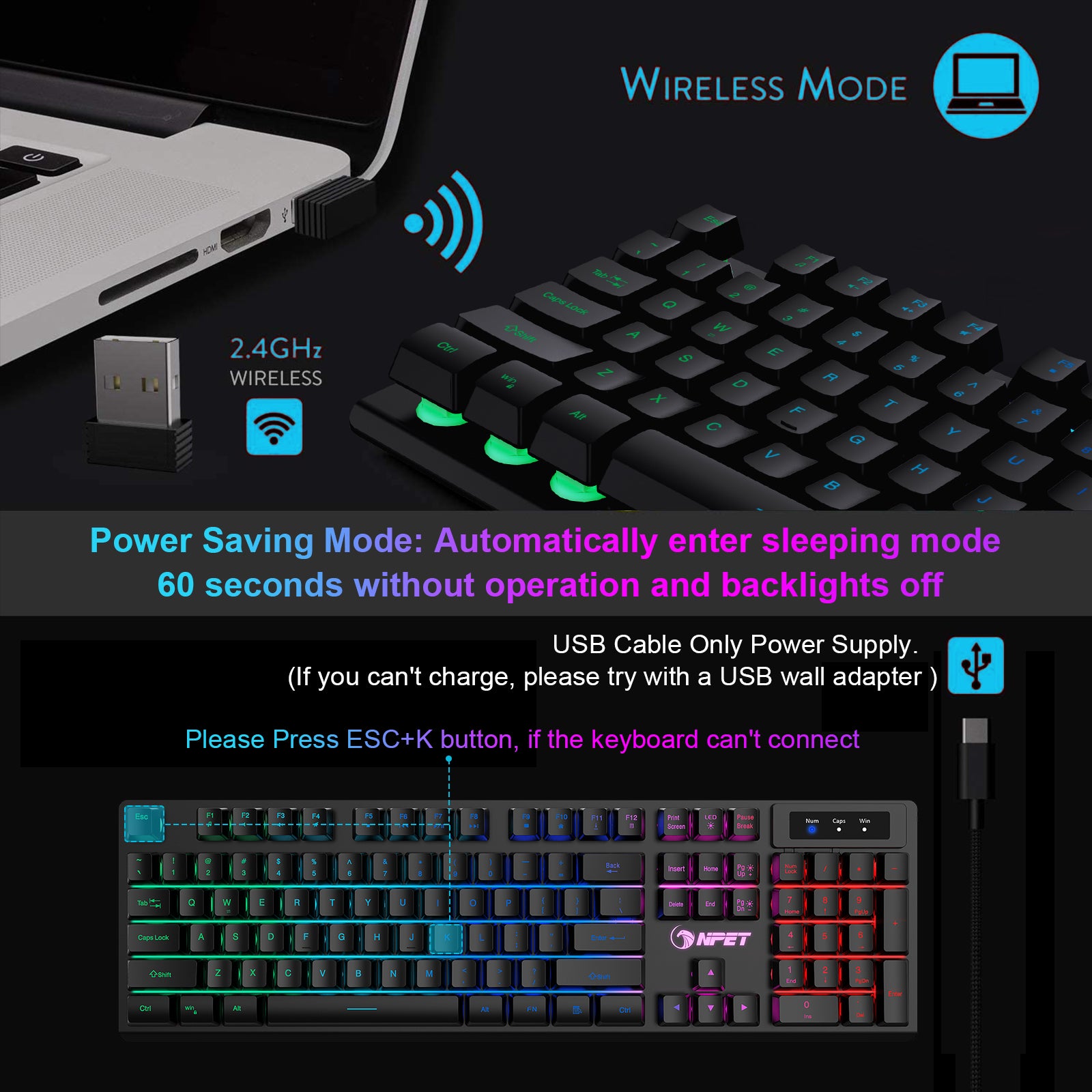 NPET K11 Wireless Gaming Keyboard, Black