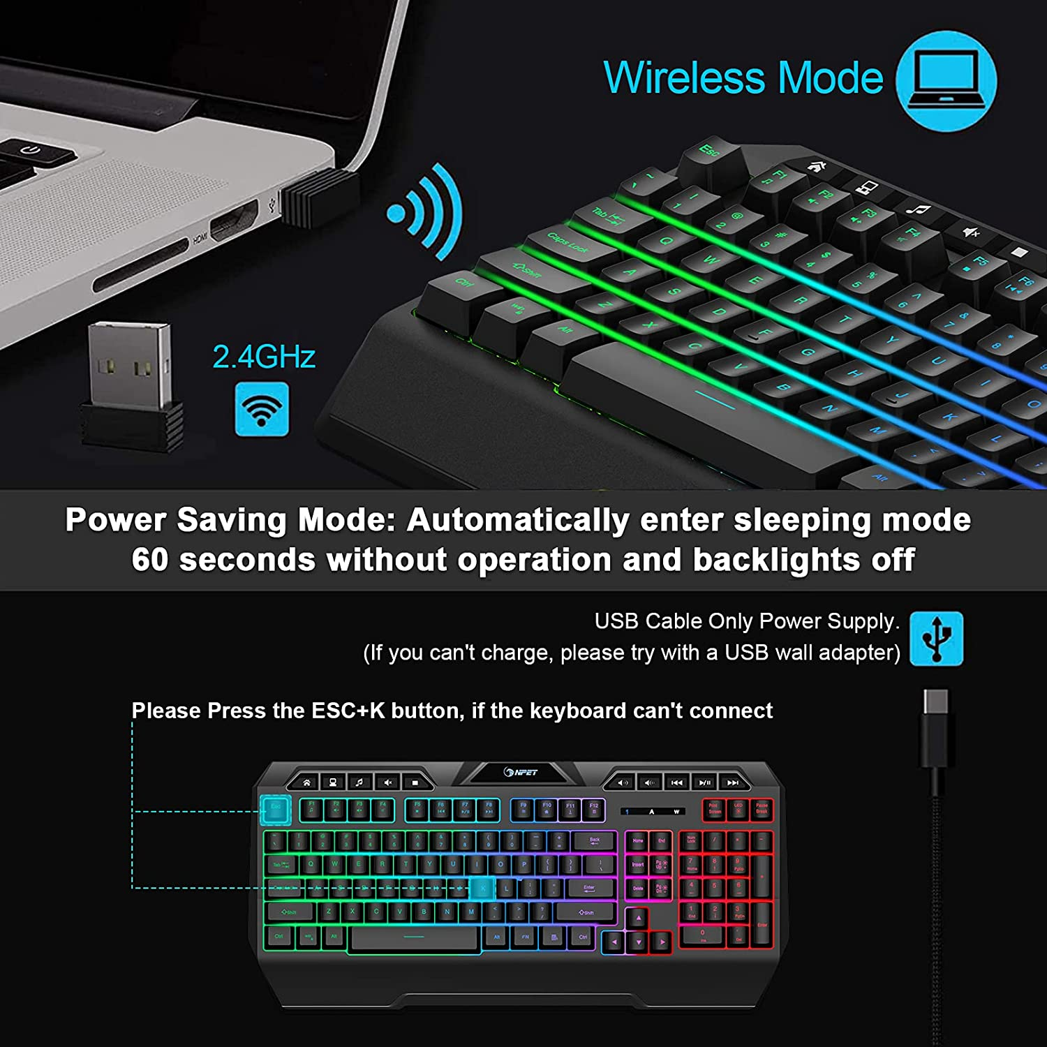 NPET K32 Wireless Gaming Keyboard with Wrist Rest, Black