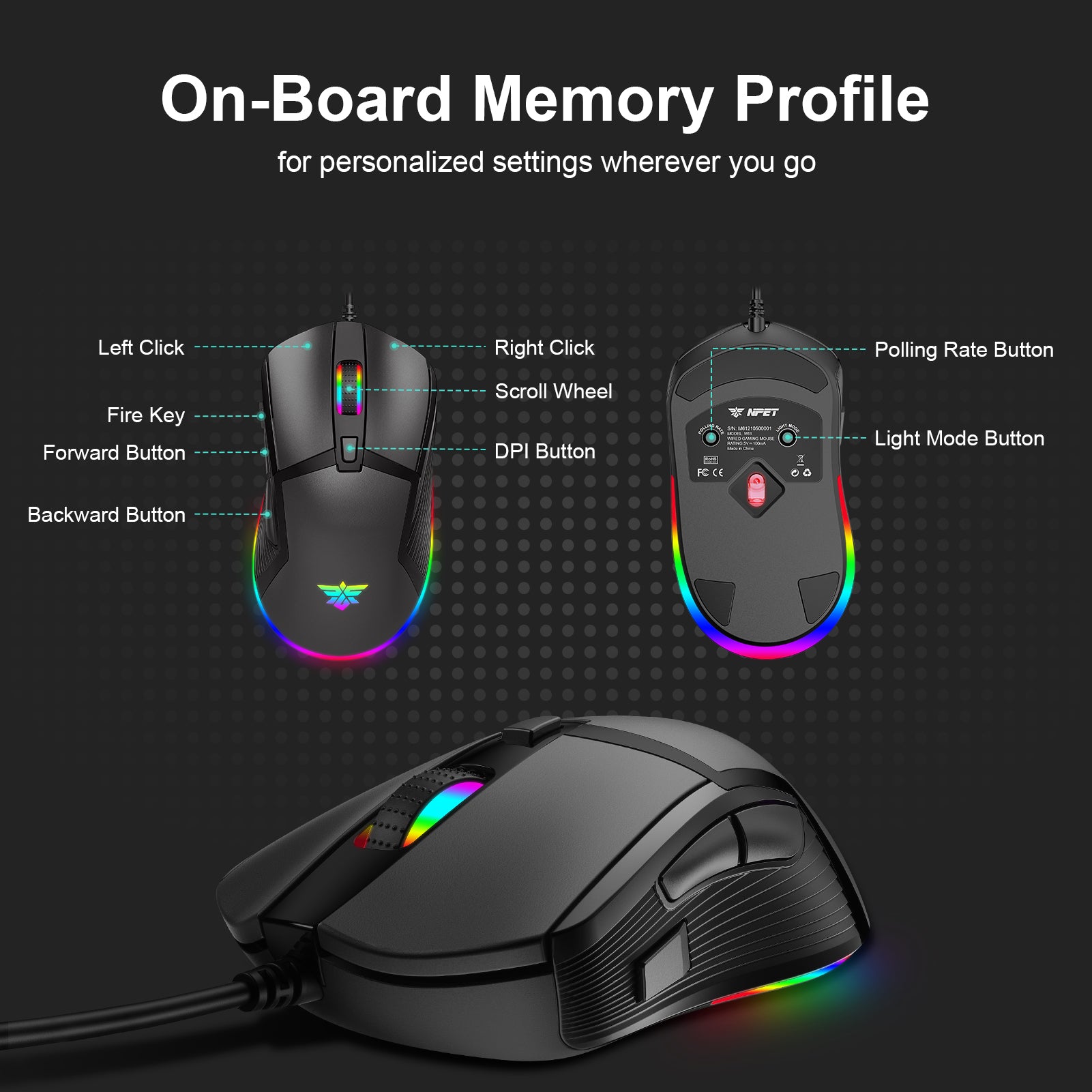 NPET M61 Gaming Mouse, 7200 DPI Optical Sensor, Black