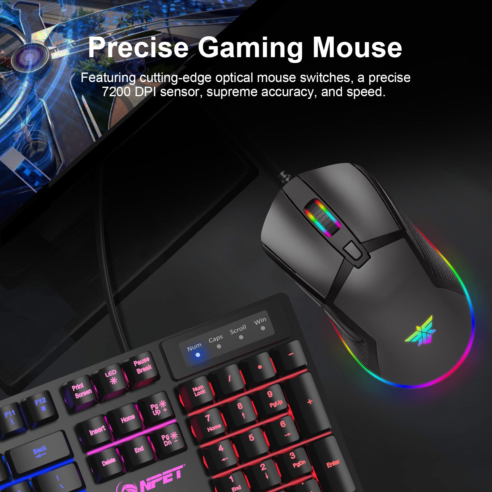 NPET M61 Gaming Mouse, 7200 DPI Optical Sensor, Black